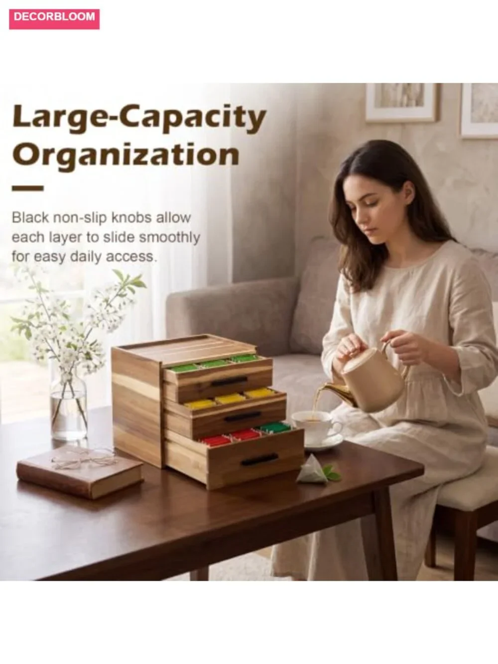 Acacia Wood Tea Bag Organizer 3 Drawers 27 Slots Coffee Capsule Holder